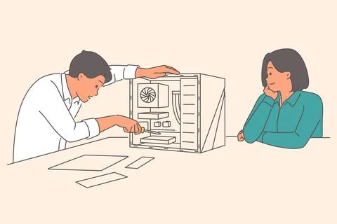 Man master repairing computer system unit to restore operation, sitting near Stock Illustration