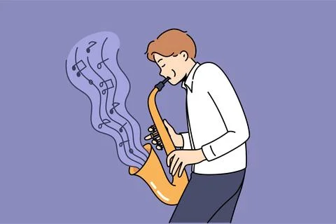 Man masterfully plays jazz composition on saxophone, blowing notes from musical 库存插图