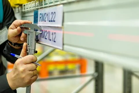 A man measures a barbell deviation using a laser level Stock Photos