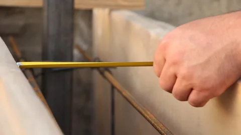 A man measures the distance between formworks with a construction tape measure Stock Footage 249475598