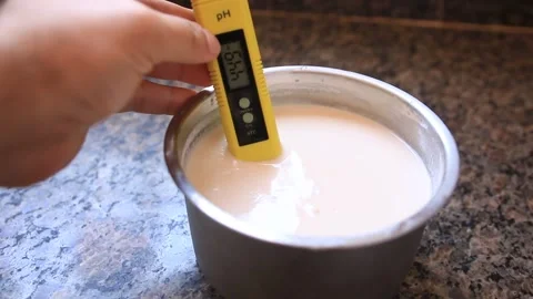 A man measures the pH of a home made yogurt after fermentation Stock Footage 233034418