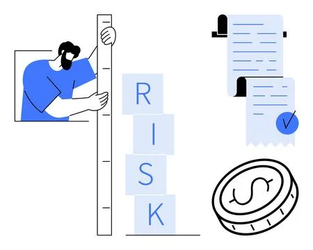 Man measuring blocks with letters RISK, documents with checkmarks, and a coin Illustrazione stock