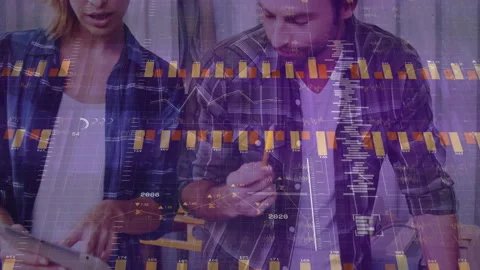 Man measuring blueprint while woman scrolling tablet causing animated graphs for Stock-Footage 315533410