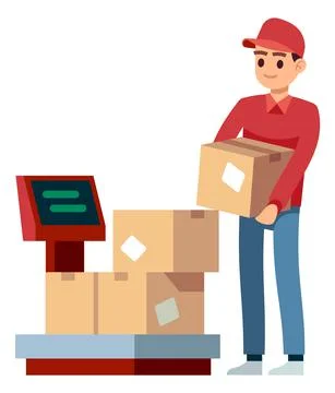 Man measuring cargo weight on electronic industrial scale 스톡 일러스트