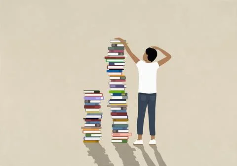 Man measuring height next to tall stack of books Stock Illustration