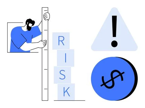 Man Measuring Risk Blocks with Ruler, Warning Triangle, and Dollar Sign Con.. Stock Illustration