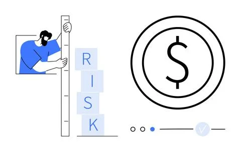 Man Measuring Risk Level with Blocks Next to Dollar Sign Coin Stockillustratie