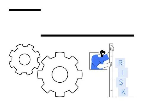 Man measuring risk levels with blocks alongside cogwheels representing oper.. Stockillustratie
