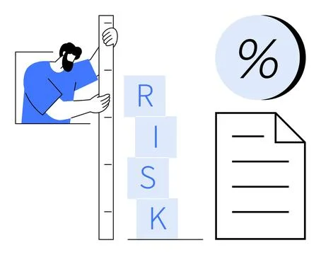 Man measuring risk levels with a vertical ruler beside stacked blocks spellin Stockillustratie