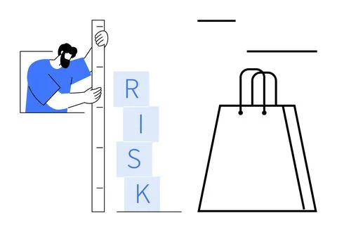 Man measuring stacked blocks labeled RISK next to large shopping bag Illustrazione stock