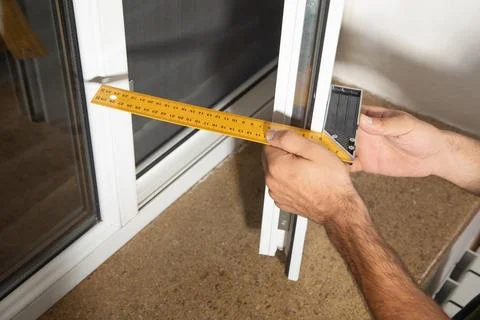 Man measuring window. Installing new window in house Stock Photos