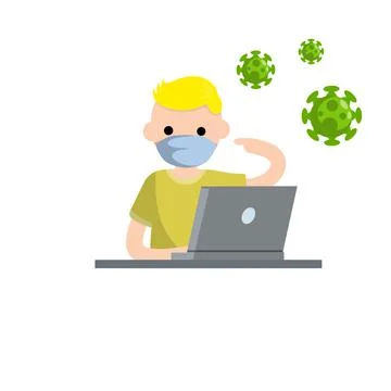Man in medical mask at computer. Flat cartoon Stock Illustration