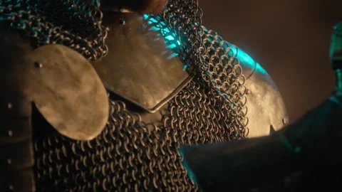 Man in Medieval Chainmail Armor Holding Heavy Battle Axe Stock Footage 345520213
