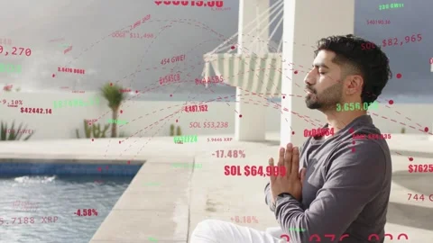 Man meditating pool deck, crypto prices appearing and streaming around him, Stock Footage 334013659