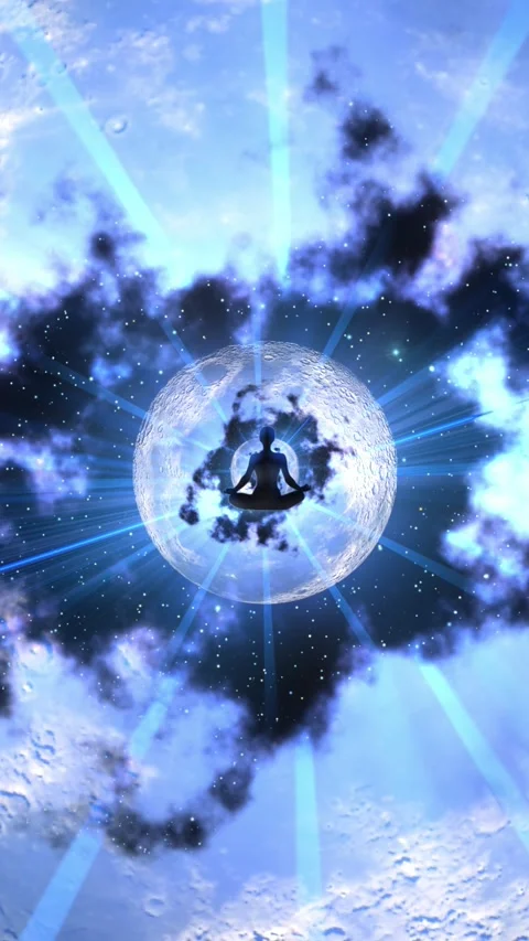 Man meditating in space with moon and cosmic energy Stock Footage 333506029