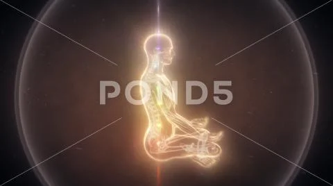 Man in Meditation with Activated Chakras in a Double Sphere - Total Side View Stock Illustration