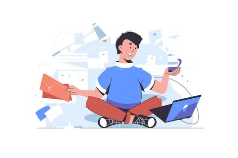 Man meditation at work vector illustration. Zen. Man working on laptop in office 스톡 일러스트