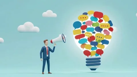 Man with megaphone announcing idea bulb filled with speech bubbles Stock Footage 317950179