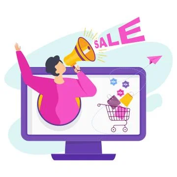 Man with a megaphone climbs out of a computer screen. Stock Illustration