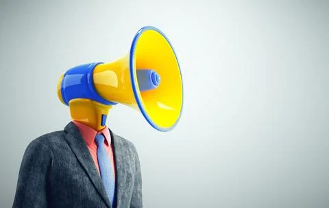 Man with a megaphone instead of head. Announcement and message. Illustrazione stock