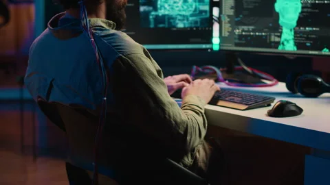 Man merging mind with AI, uploading consciousness, trying to become cyborg Stock Footage 266952137