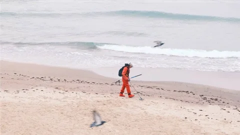 Man with a metal detector on the beach. Man is looking for jewelry on the beach Stock-Footage 166706933