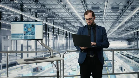 Man in microchip production plant thinking how to innovate engineering process Stock Footage 333379796
