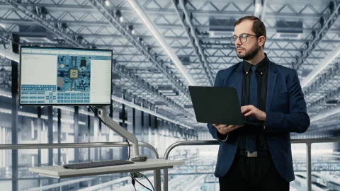 Man in microchip smart factory using MES software simulation app Stock Footage 333384263