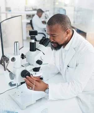 Man, microscope and study for scientist in lab with sample or medical resea.. Stock Photos
