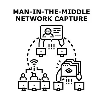 Man in the middle attack capturing network data Stock Illustration