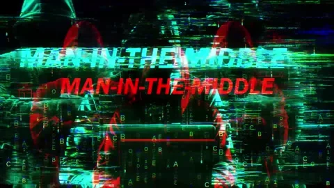 Man-in-the-Middle on Hack Screen and data matrix simulation with futuristic Stock Footage 320897065