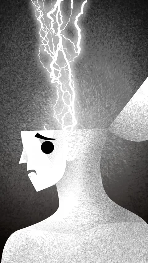 Man with migraine and lightning emerging from his head Stock Footage 343670920