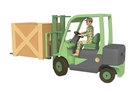 Man in military uniform are loading boxes with a forklift. 3d rendering Stock Illustration