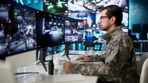 Man In Military Uniform Operates Computer System Stock Footage 333847166