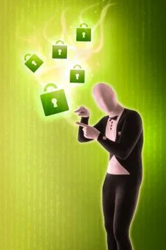 Man mime present security locks Stock Illustration
