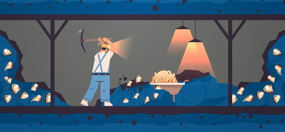 Man miner digging and extracting bitcoins in mine cave mining crypto coins Stock Illustration