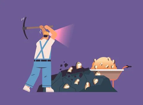 Man miner digging and extracting bitcoins in mine cave mining crypto coins Stock Illustration