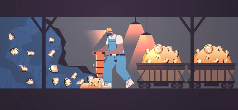 Man miner digging and extracting bitcoins in mine cave mining crypto coins Stock Illustration