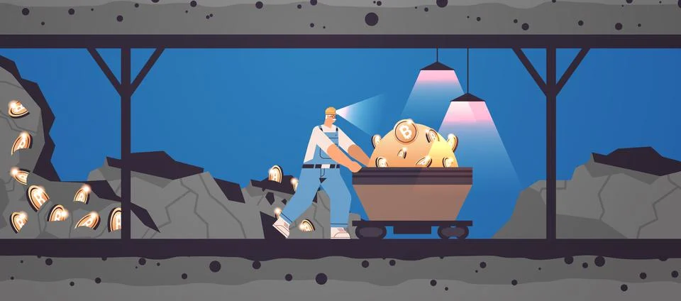 Man miner digging and extracting bitcoins in mine cave mining crypto coins Stock Illustration