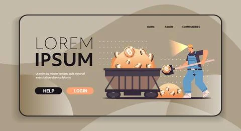 Man miner digging and extracting bitcoins in mine cave mining crypto coins Ilustração Stock