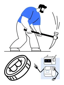 Man Mining Bitcoin with a Pickaxe and a Robot Highlighting Cryptocurrency a.. Stock Illustration