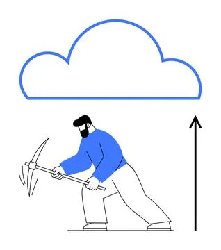 Man Mining for Cloud Data with Pickaxe, Symbolizing Future of Cloud Computi.. Illustrazione stock