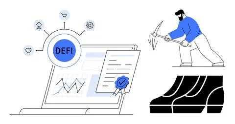 Man mining cryptocurrency, laptop displaying decentralized finance DeFi eleme Stock Illustration