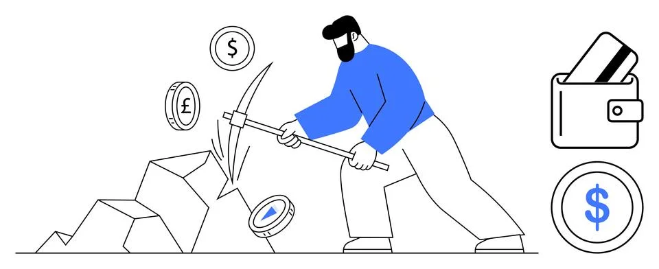 Man mining cryptocurrency with pickaxe and digital wallet representation Stock Illustration