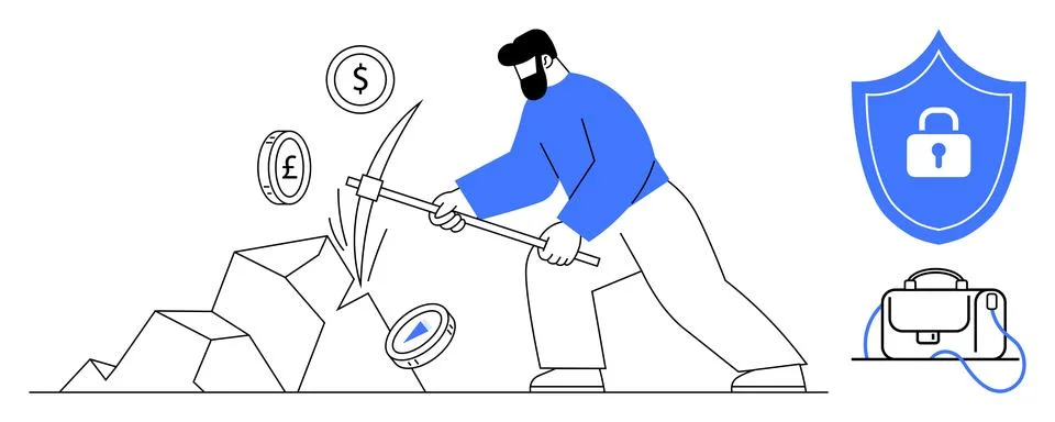Man mining cryptocurrency with pickaxe, coins featuring symbols of various cu Stock Illustration
