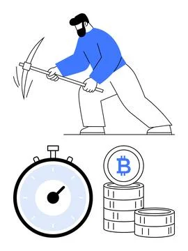 Man Mining Cryptocurrency with Pickaxe, Stopwatch, and Bitcoin Coin Stacks Stock Illustration