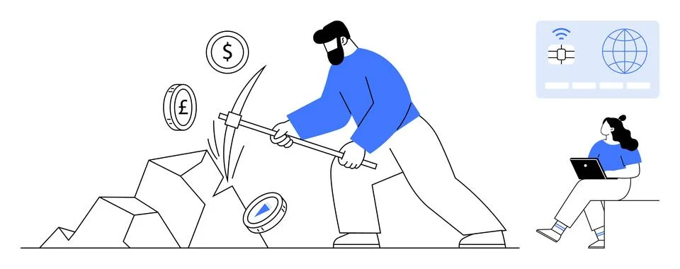 Man Mining Cryptocurrency with Pickaxe while Woman Analyzes Data on Tablet Stock Illustration