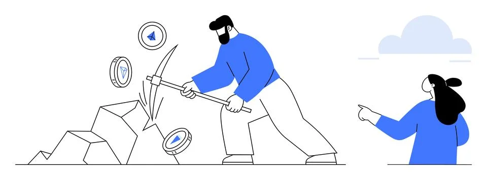 Man Mining Cryptocurrency While Woman Observes in Digital Landscape Stock Illustration