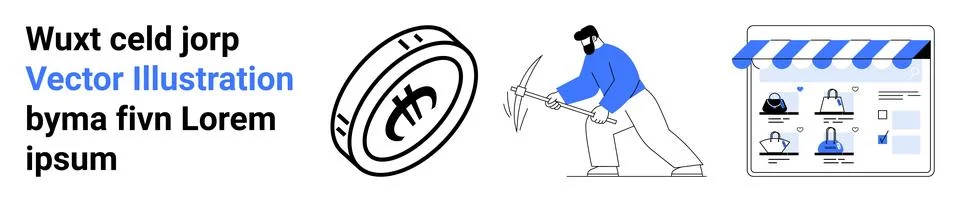 Man mining a digital coin, e-commerce store interface with products, text pla Stock Illustration