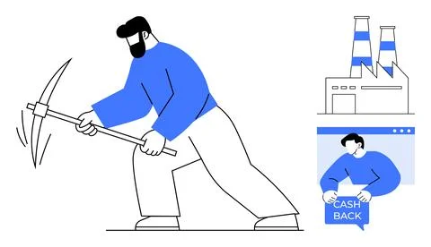 Man Mining with a Pickaxe and Factory with Cash Back Concept Stock Illustration